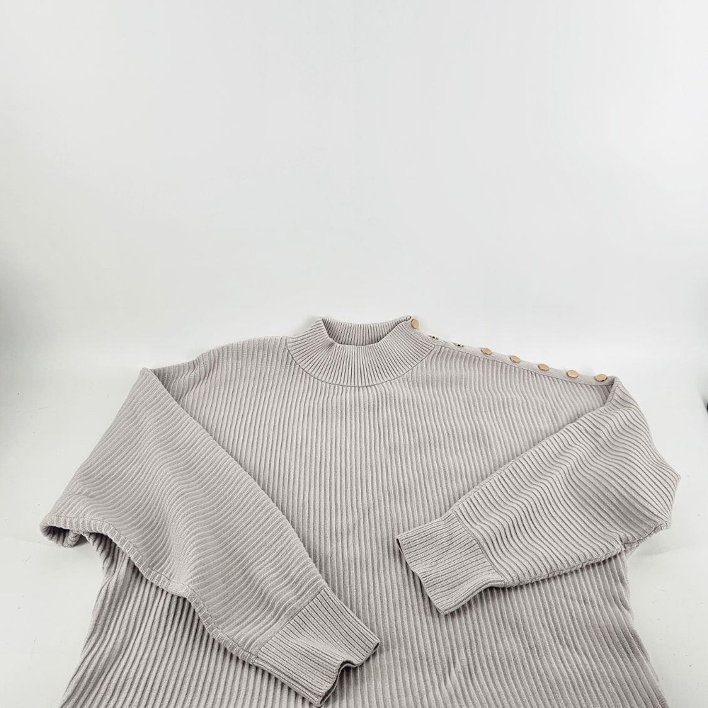 Tahari Sweater Women XL Grey Ribbed Mock Neck Gold Button Shoulder